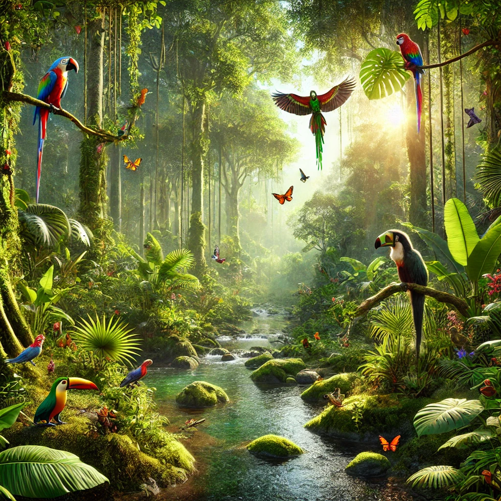 Lush rainforest showcasing biodiversity with various plant and animal species.