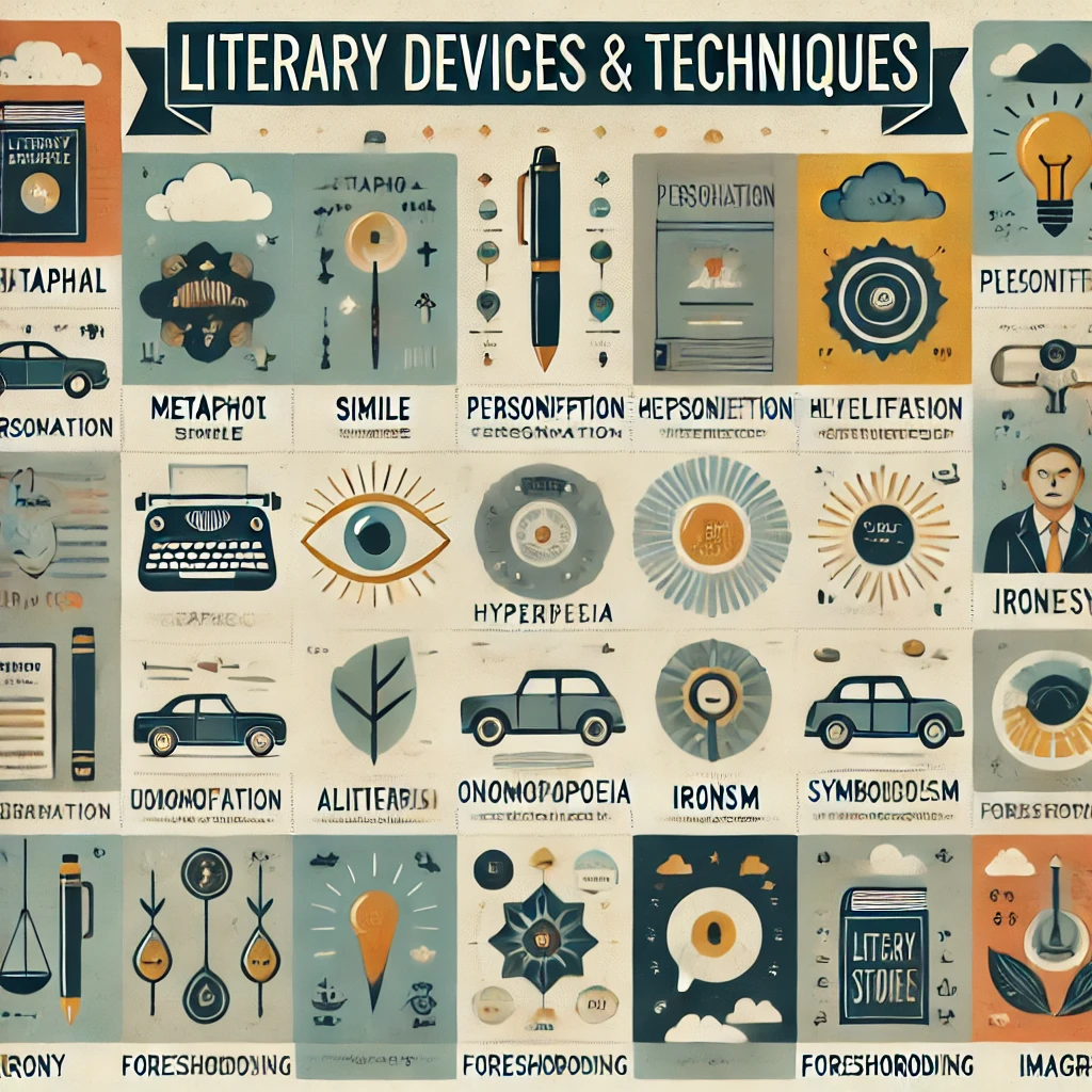 English literature Infographic on Literary Devices and Techniques. The infographic is divided into sections, each featuring a literary device with a simple icon and a brief explanation. Devices included are: metaphor, simile, personification, hyperbole, alliteration, onomatopoeia, irony, symbolism, foreshadowing, and imagery. The design uses soft, muted colors like blues, greens, and yellows with clear labels and icons representing each device (e.g., book, pen). The title 'Literary Devices & Techniques' appears at the top in a modern, readable font.