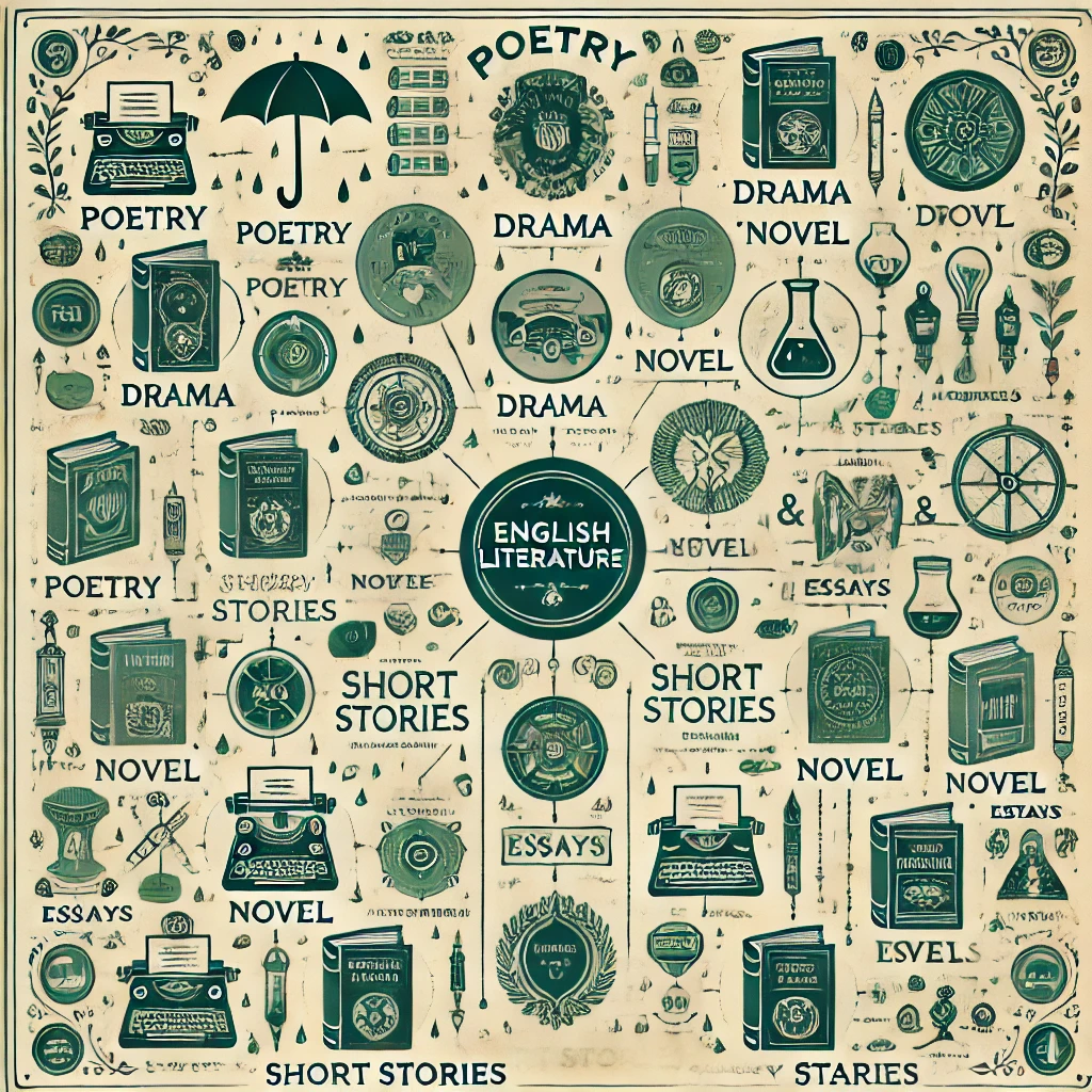 Infographic displaying various genres in English literature, including Poetry, Drama, Novel, Short Stories, and Essays, each represented with icons and brief descriptions in a green-themed, vintage design.