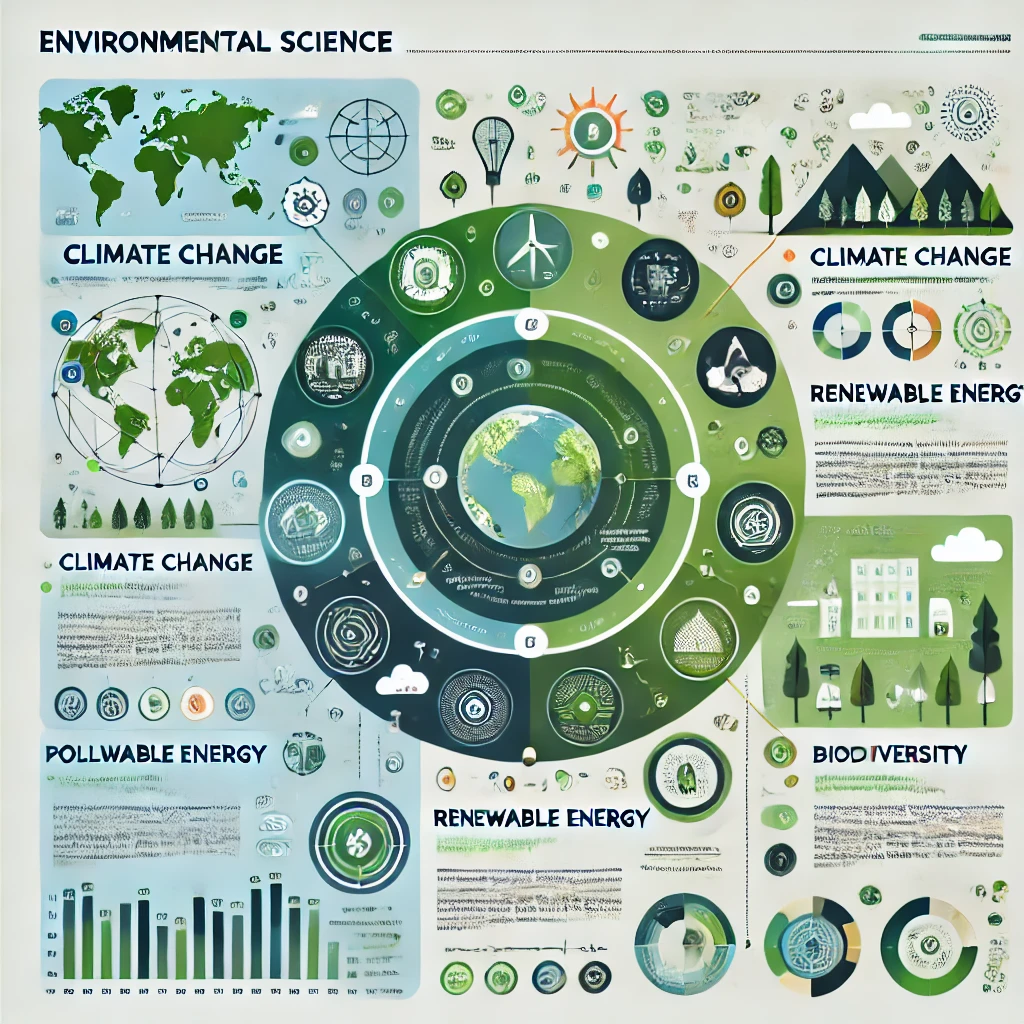 A modern environmental science infographic for competitive exams with sections covering climate change, pollution, renewable energy, and biodiversity. Each section includes icons and brief text explanations on topics such as carbon footprints, the impact of pollution, renewable energy sources, and the importance of preserving biodiversity. The design uses green, blue, and earth tones, complemented by visual elements like a world map and stylized charts that display relevant sustainability statistics, creating a clean and engaging educational resource. Specially designed for competitive exams