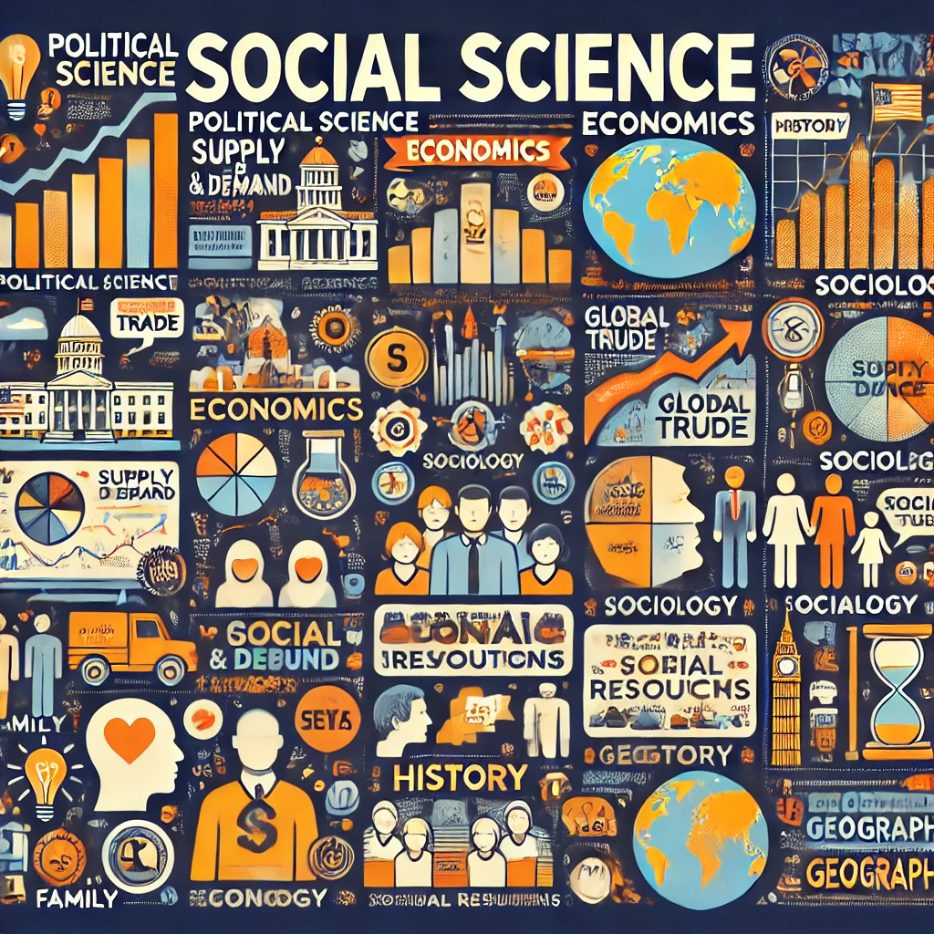 Infographic illustrating key concepts in social studies, including maps, historical timelines, cultural symbols, and statistics. The design highlights various aspects of geography, history, and sociology in a visually engaging format.