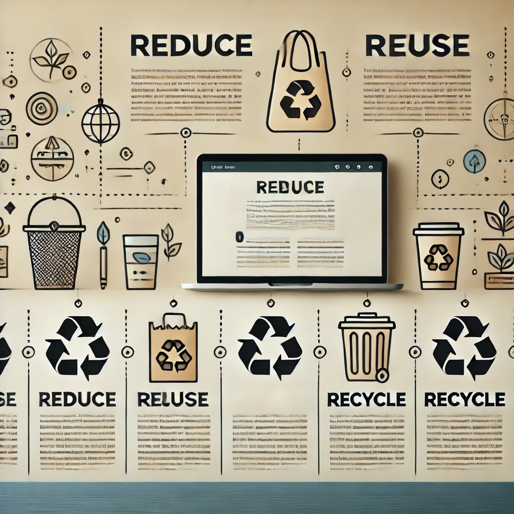 Green-themed infographic illustrating sustainable waste management with sections labeled 'Reduce,' 'Reuse,' and 'Recycle.' Icons include a reusable bag, compost bin, and recycling symbol on a clean background, emphasizing eco-friendly practices.