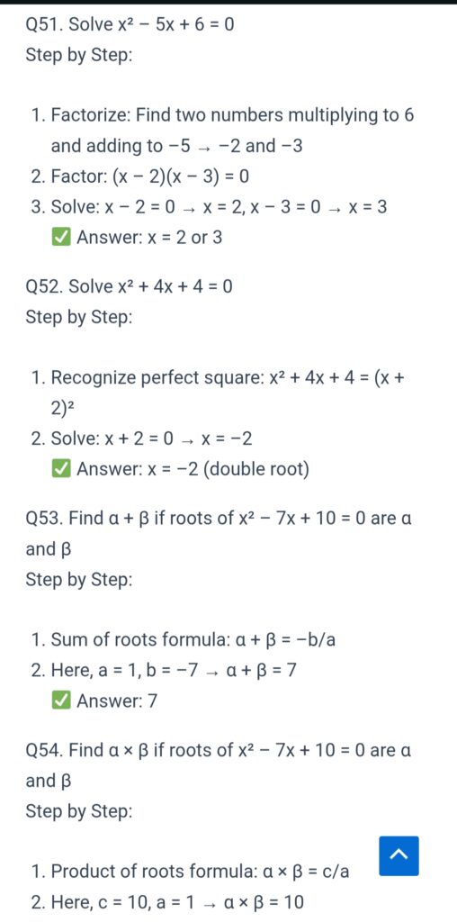 Algebra solutions quadratic equations solved. Detailed and MCQ
