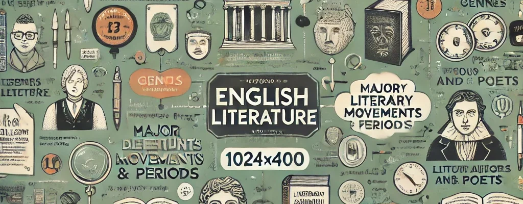 Horizontally-oriented infographic summarizing key English literature topics, featuring 13 headings including 'History of English Literature,' 'Genres in English Literature,' 'Literary Devices,' 'Famous Authors,' and 'Contemporary Literature,' with icons like books, quill pens, and theater masks in a green-themed, scholarly vintage design.